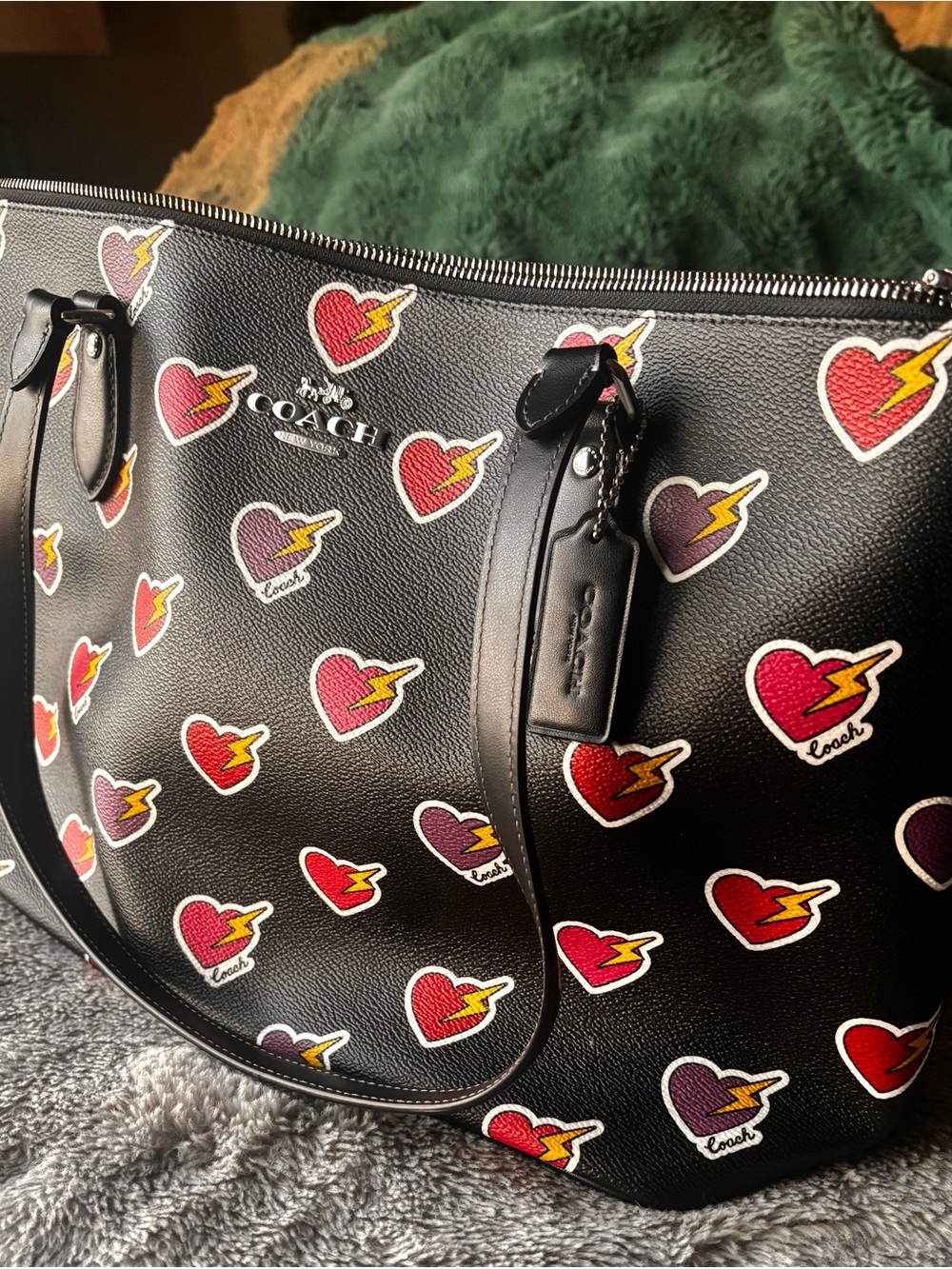 Coach Black Leather Gallery Tote with Red & Purple Heart Bolt Print - Picture 1 of 8